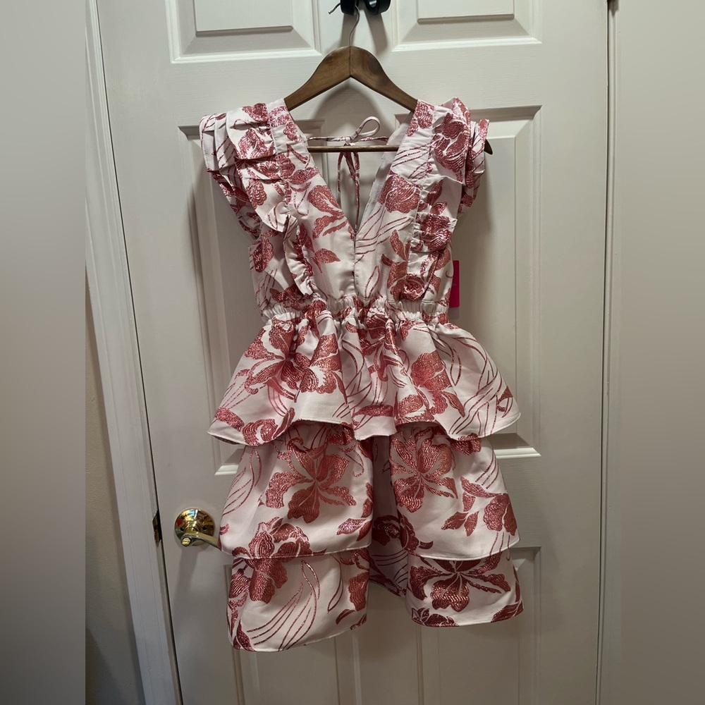 NWT Buddy Love - pink foil v-neck party dress ruffle sleeves, tiered skirt small